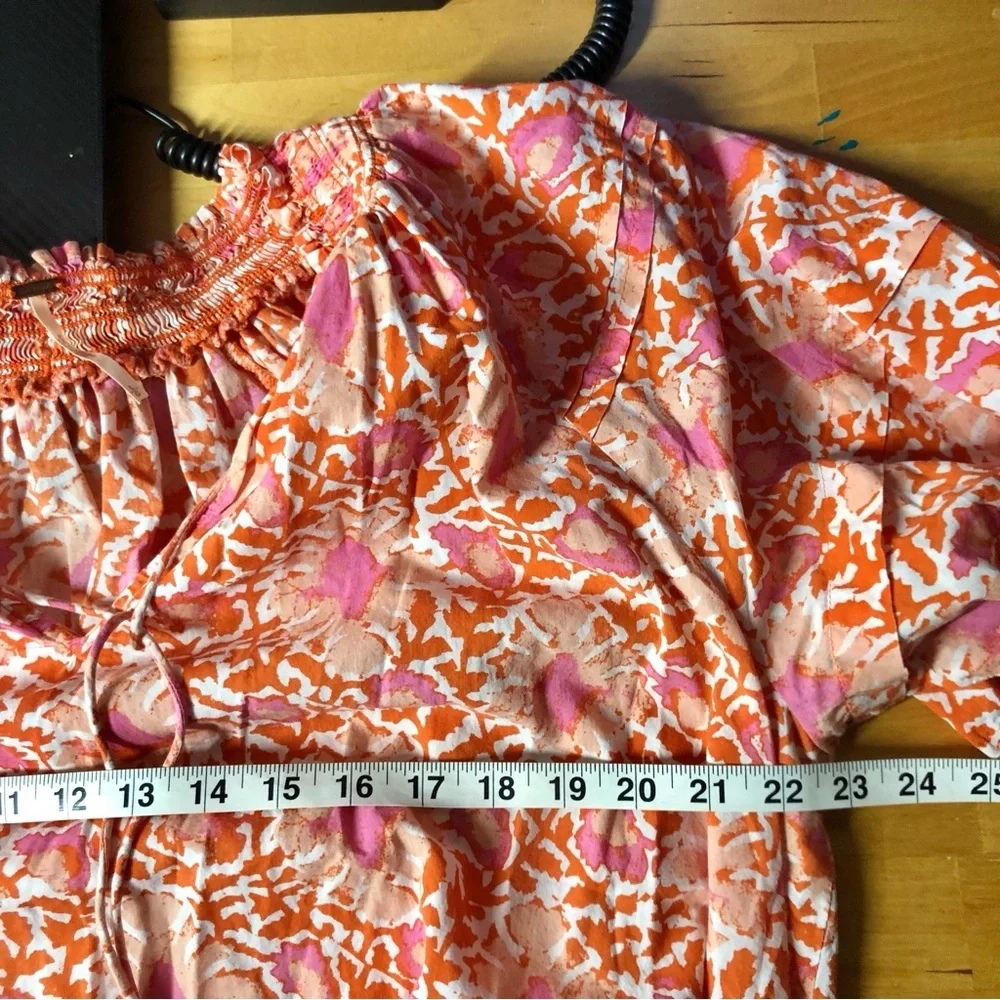 Free People Willow Printed Top Size L Orange Pink Floral Boho Peasant Flowy
